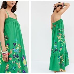 Anthropologie Green Maxi Dress with Colorful Embroidery